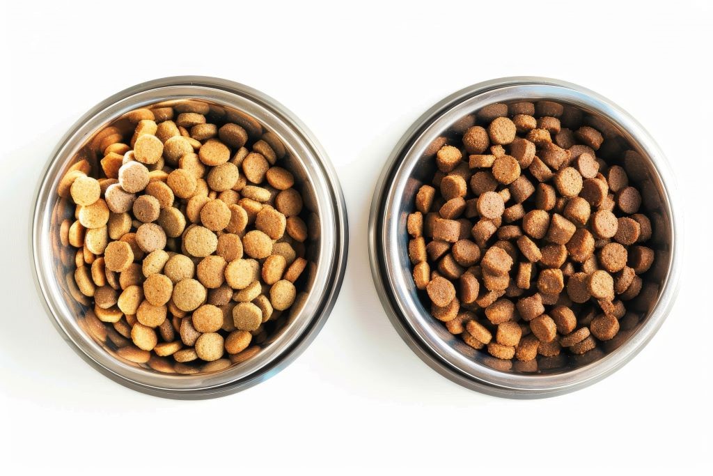 Na imagem, dois bowls de alumínio com tipos de ração diferentes, o bowl da esquerda está com uma ração um pouco mais clara e achatada, enquanto o bowl da direita está com uma ração um pouco mais escura e mais saliente.