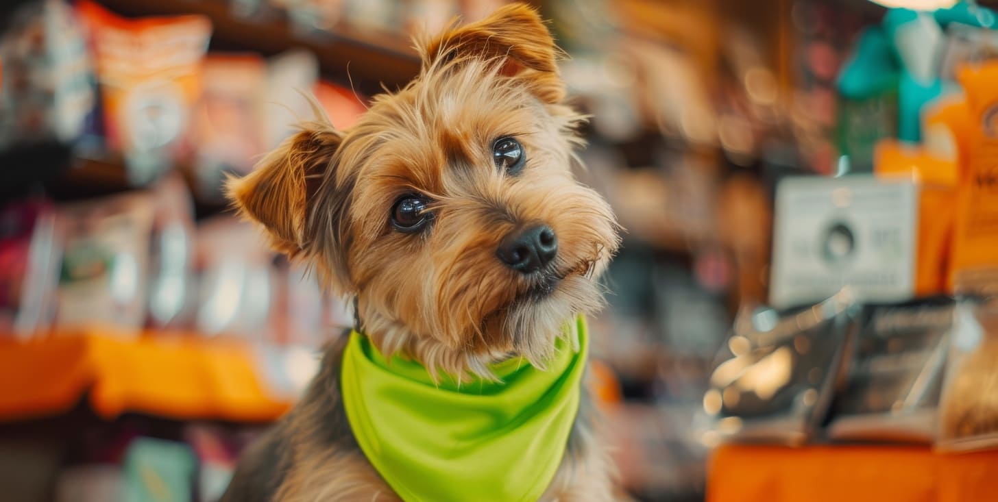 yorkshire de bandana verde em frente a um prateleira de um pet shop com brinquedos